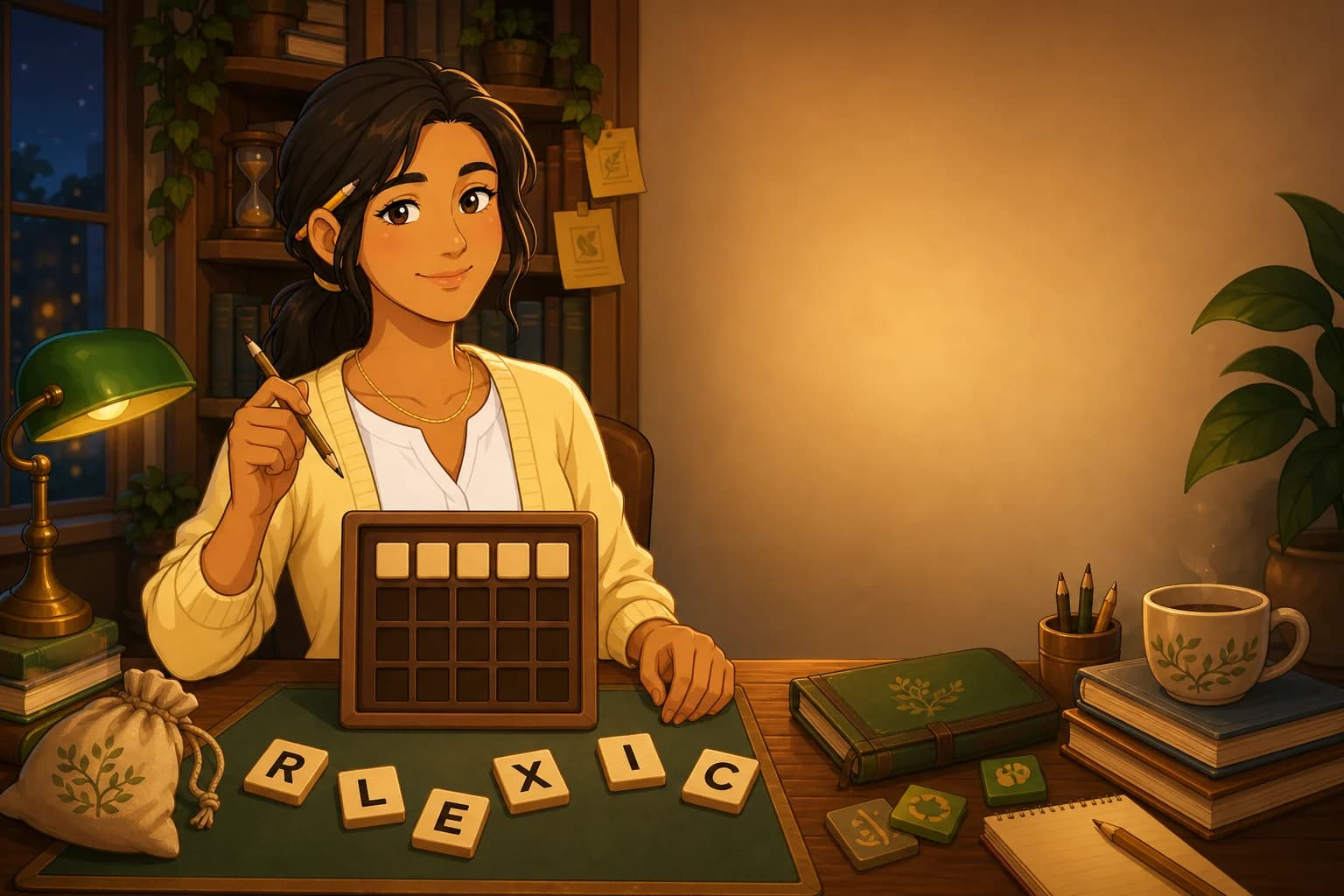 Lexicle start screen: the word-table keeper beside a blank guess grid and scattered letter tiles.