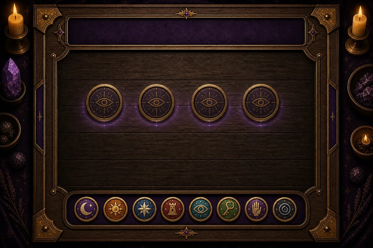 The Hidden Reading start screen: four empty eye-marked coin slots above a row of arcana tokens on a dark wooden reading table.