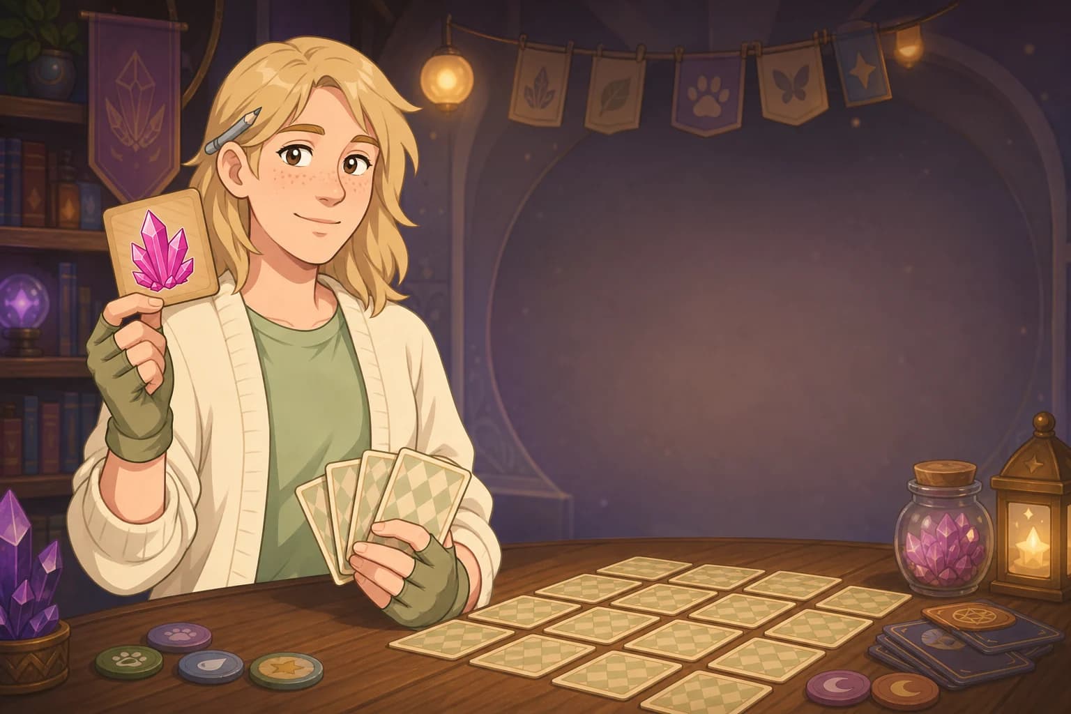 Memory start screen: a keeper holding a crystal card beside a table of face-down patterned cards.
