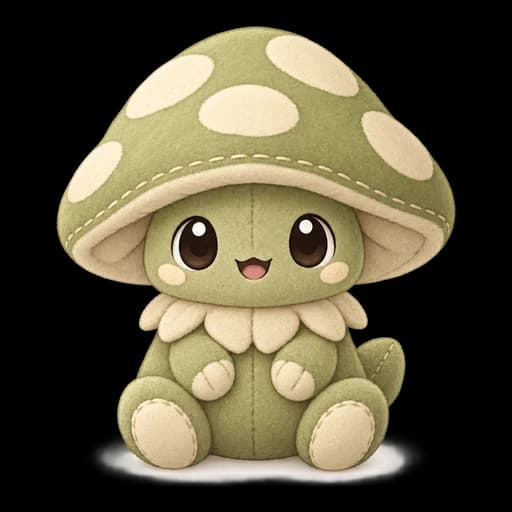 A plush Sprigcap sitting upright and facing the viewer, its mushroom cap tilted slightly forward