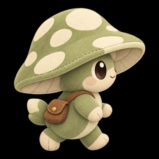 The same plush Sprigcap walking in profile wearing a small satchel
