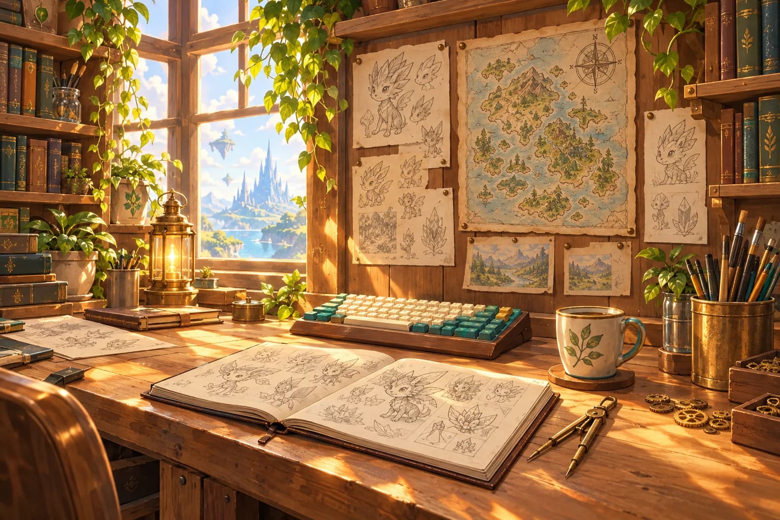A studio desk with an open sketchbook of creature drawings, pinned concept sketches, and a hand-drawn map of the Veloris archipelago
