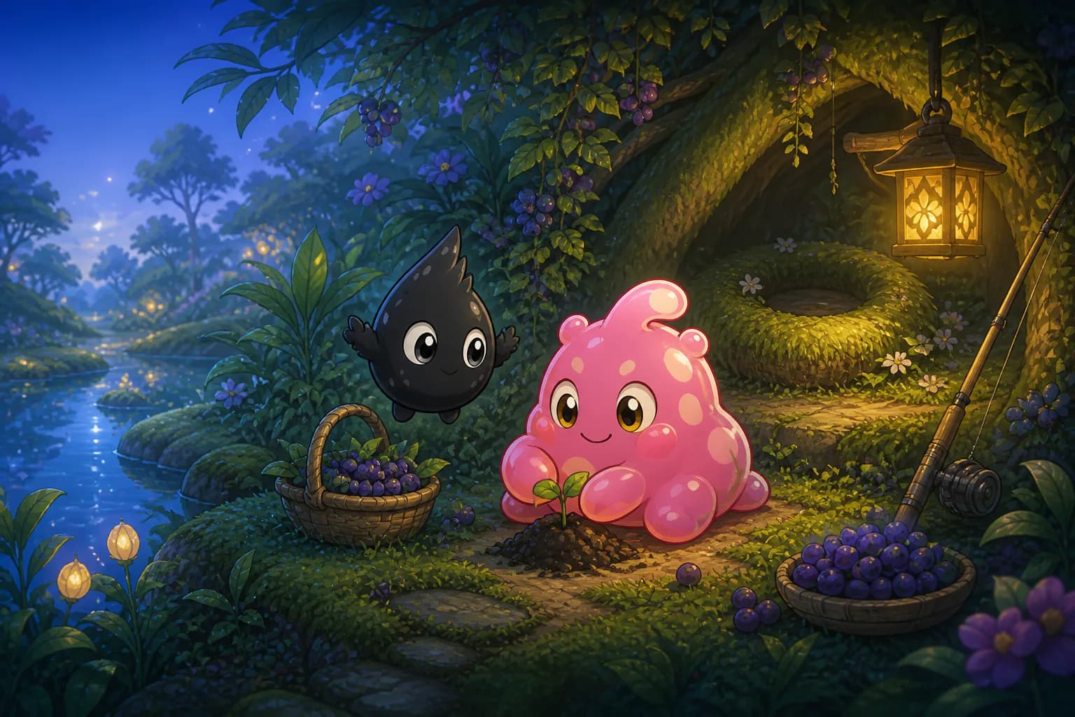 Popple and Cindri tending a seedling beside a moonlit pond