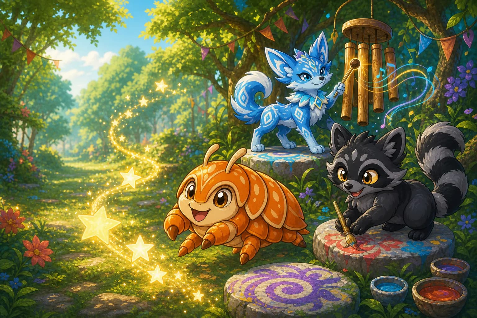 Carapix, Chivo, and Numbra playing with stars, music, and paint in a woodland clearing