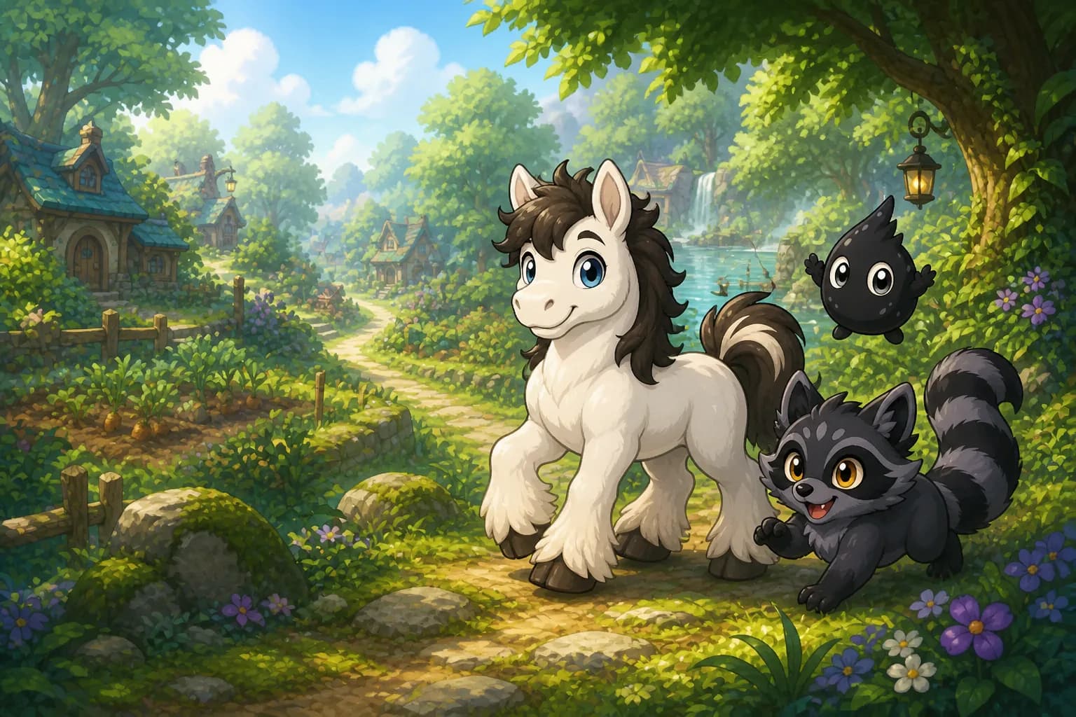 Brindlehoof, Numbra, and Cindri exploring a garden path through Veloris