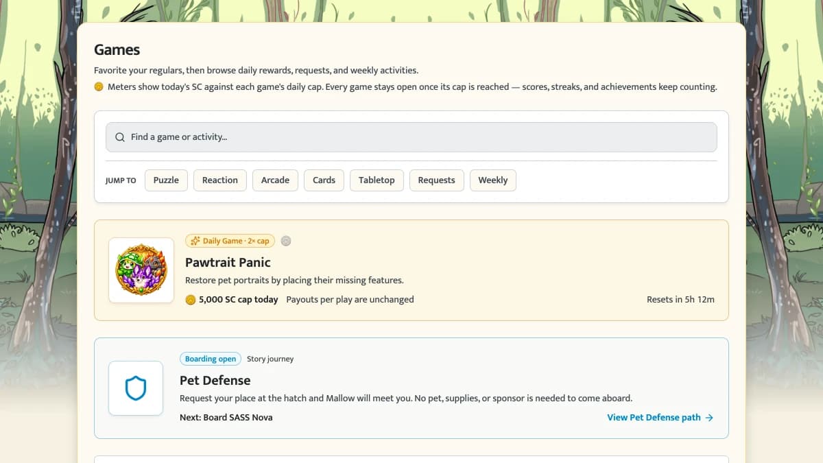 The Games hub interface in Sensipets