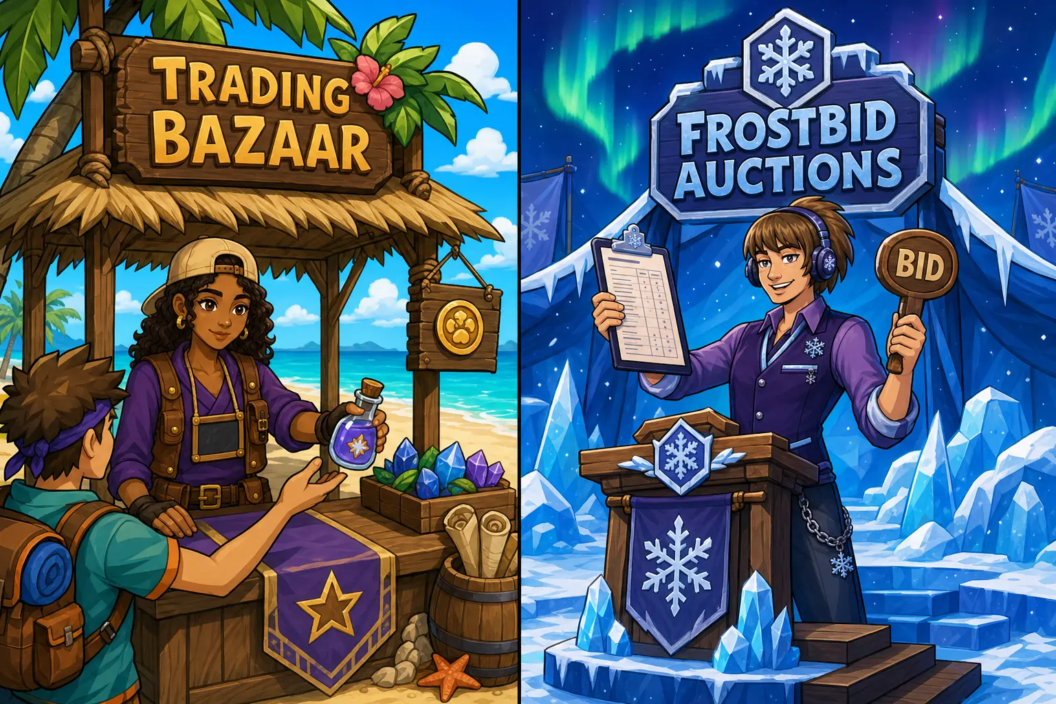 Trading and auctions feature artwork.