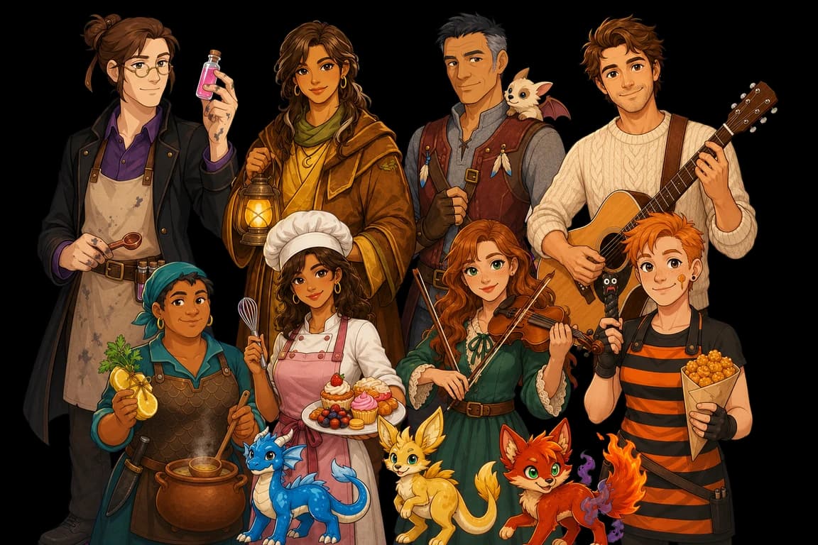 Eight residents of Veloris — including June, Bonnie, Wren, and AUSTIN — with their small companions