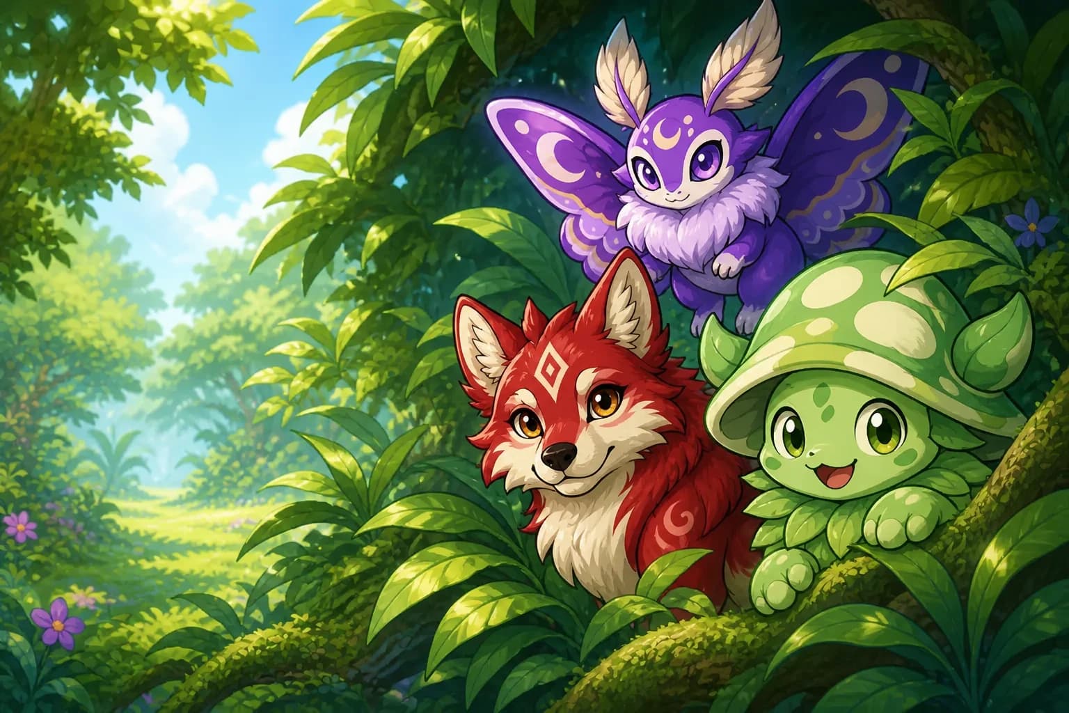 A Luneth, Pawdrin, and Sprigcap peeking through the moonmoss together