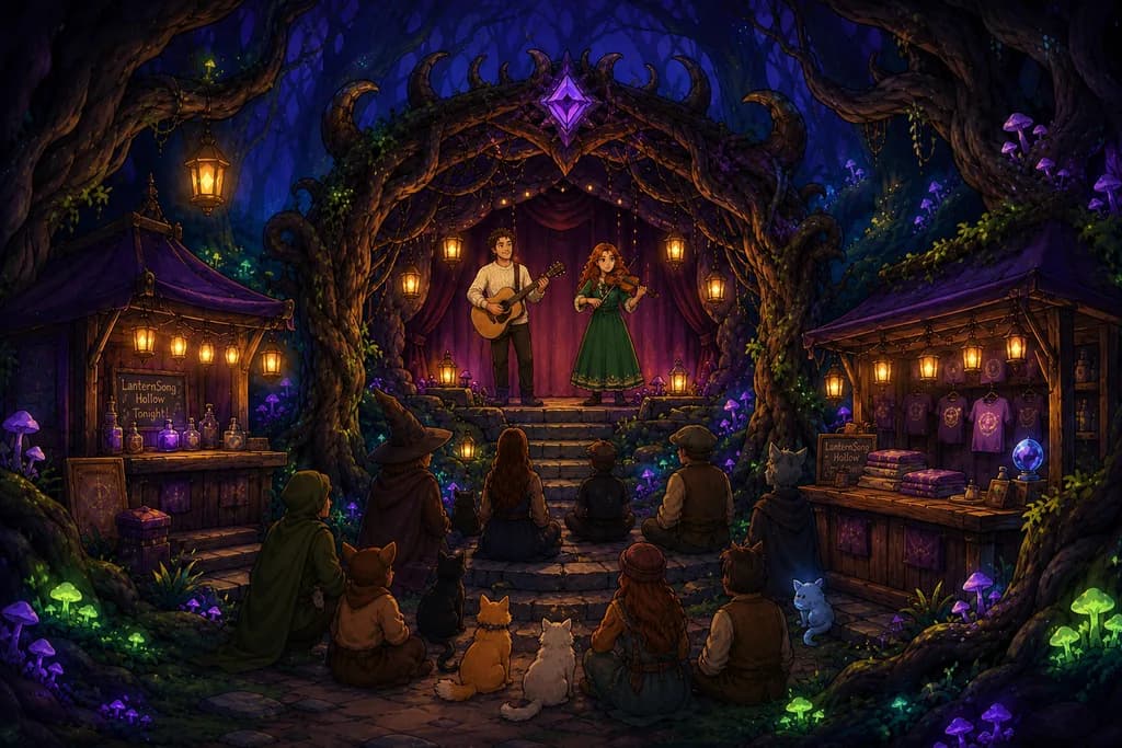 LanternSong Hollow at night, The Hearthpines performing on the curtained stage