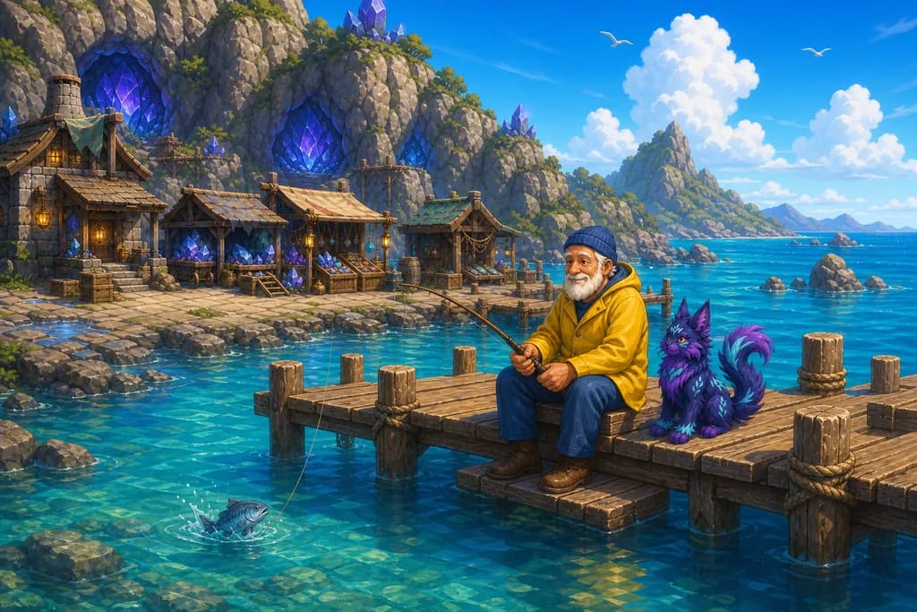 Old Finn fishing from the Iskerval dock with a companion beside him