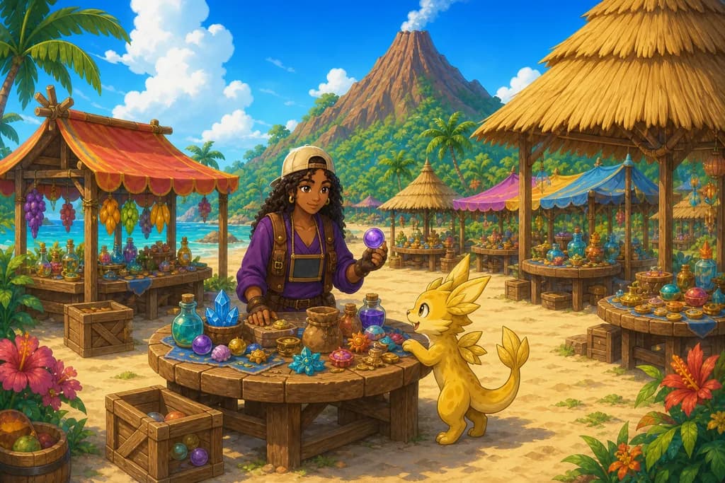Robin mid-trade at the thatched trading tables on Emberhearth Isle