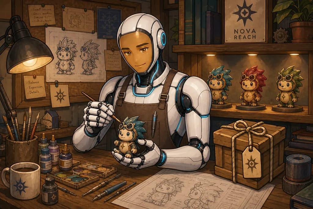AUSTIN painting a commissioned collectible with three treatments on the shelf behind him