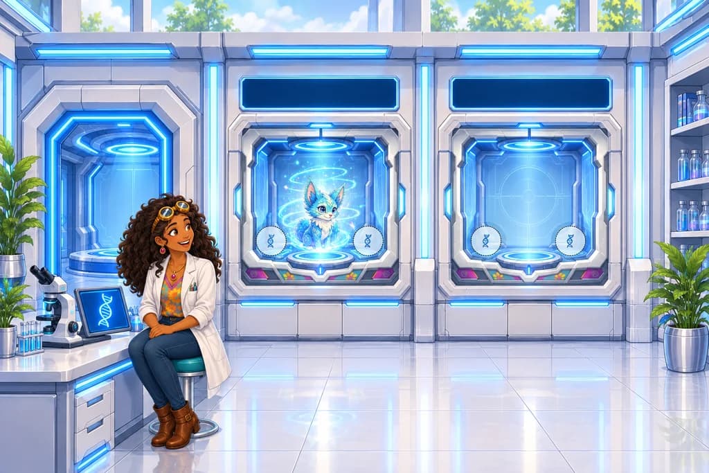 Bonnie in the Familiar Lab as a brand-new familiar materializes in a glowing fusion chamber