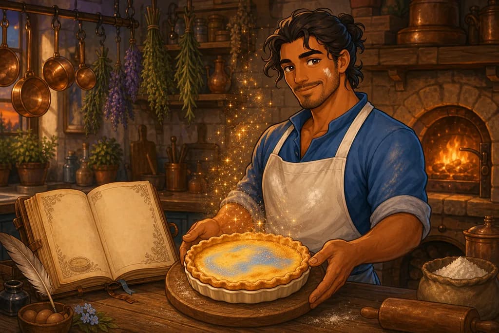 Chef Roux presenting a newly discovered dish beside an open almanac