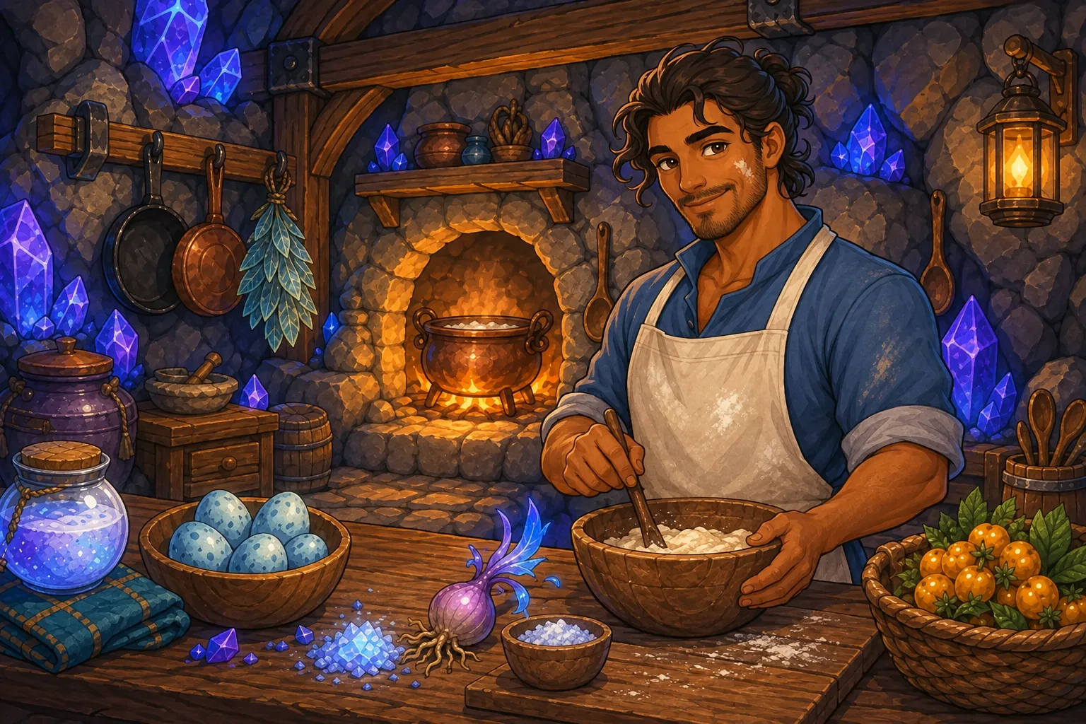 Chef Roux cooking in his crystal-lit kitchen